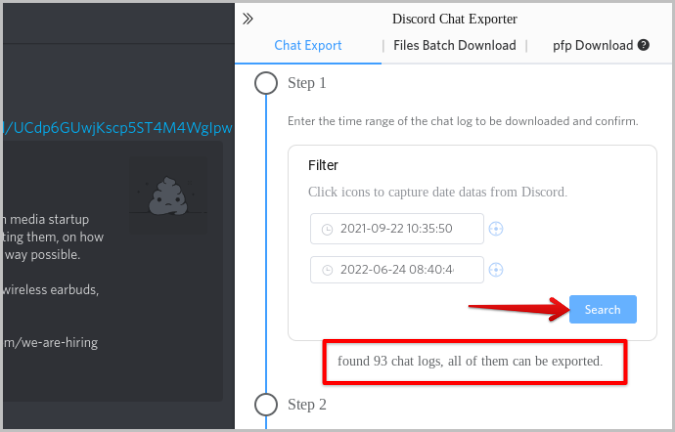 Selected chat logs that can be exported on Discord