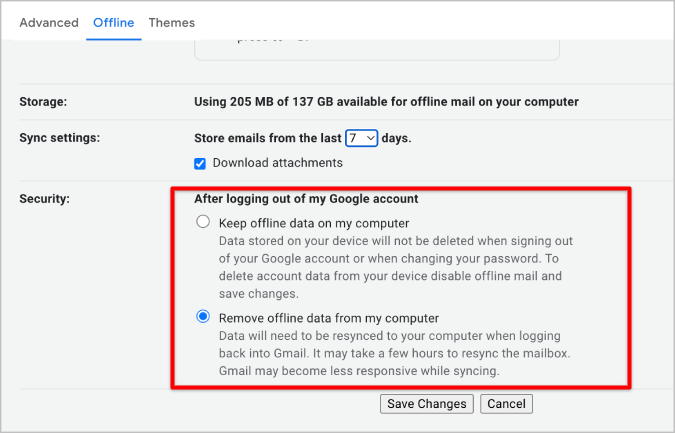Security settings to access Gmail in the offline mode
