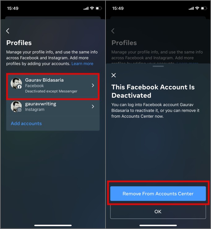 remove facebook from instagram accounts center to delink