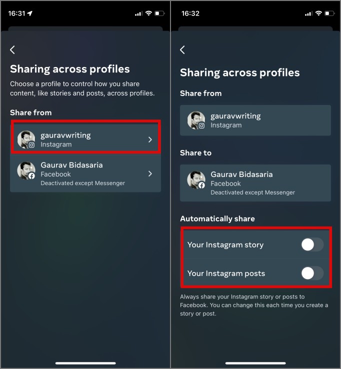 disable sharing posts or stories from instagram to facebook in instagram settings