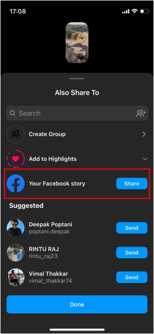 toggle on/off sharing instagram stories on facebook