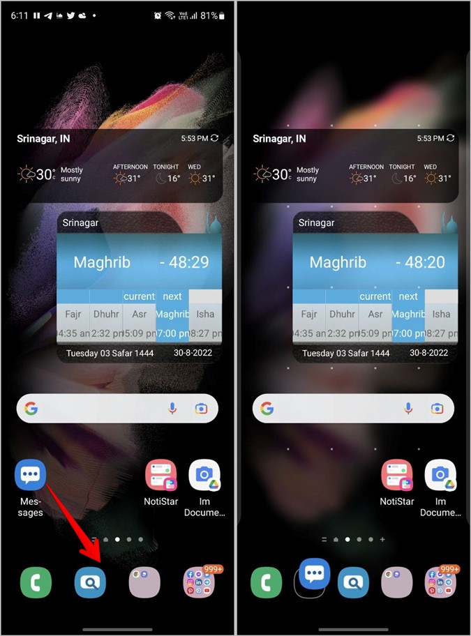 Fila inferior de Android de la aplicación Mensajes