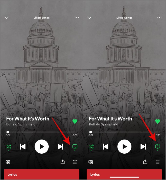 rectangular arrow with 1 means repeat icon in spotify
