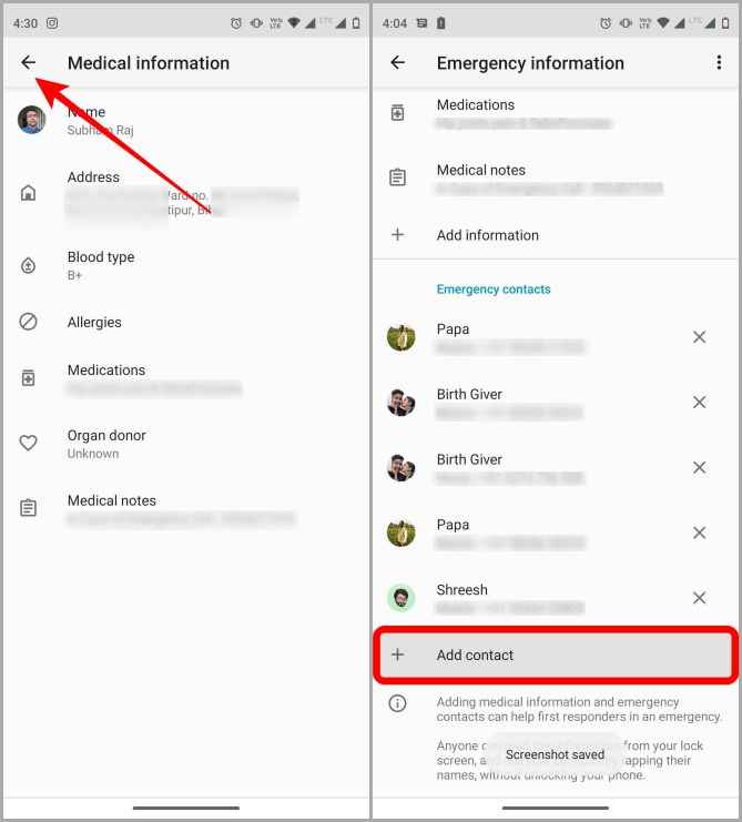 Adding Emergency contact on Android