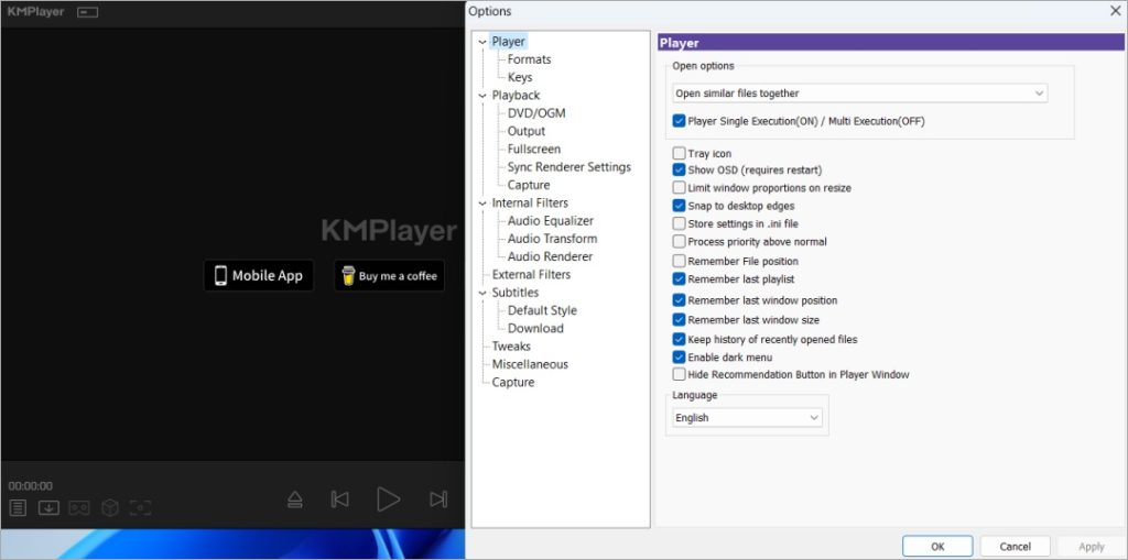 KMPlayer on windows with options and settings open