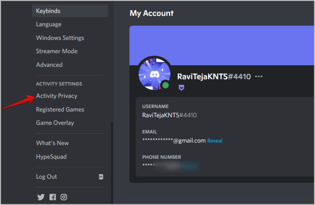 Opening Activity Privacy on Discord