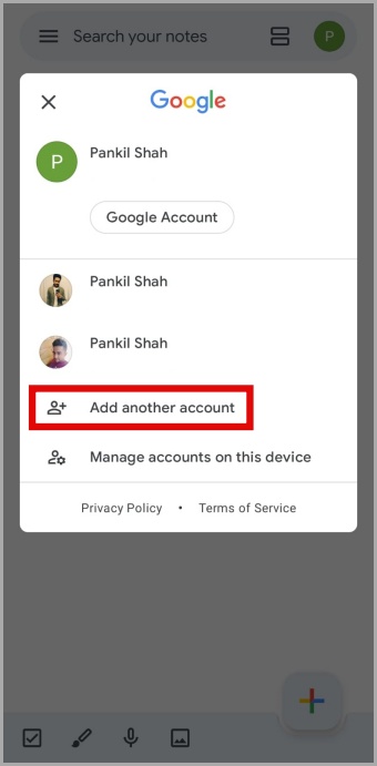 Menú de Google Keep Accounts en un teléfono Android 