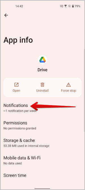 Opción de notificaciones en la página de Android de información de la aplicación