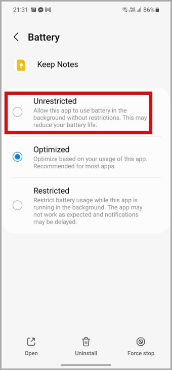 Uso de batería sin restricciones para Google Keep en Android