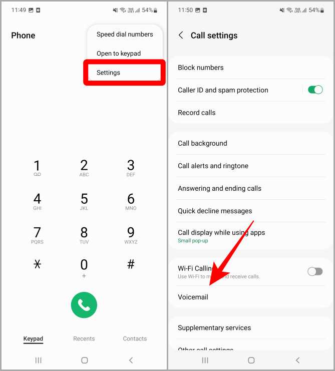 Abrir la configuración del correo de voz en la aplicación de teléfono de Samsung