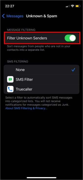 filter unknown senders settings on iphone messages