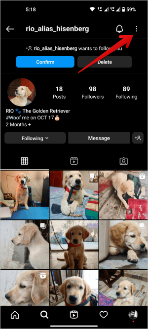 three-dot menu on the Instagram profile