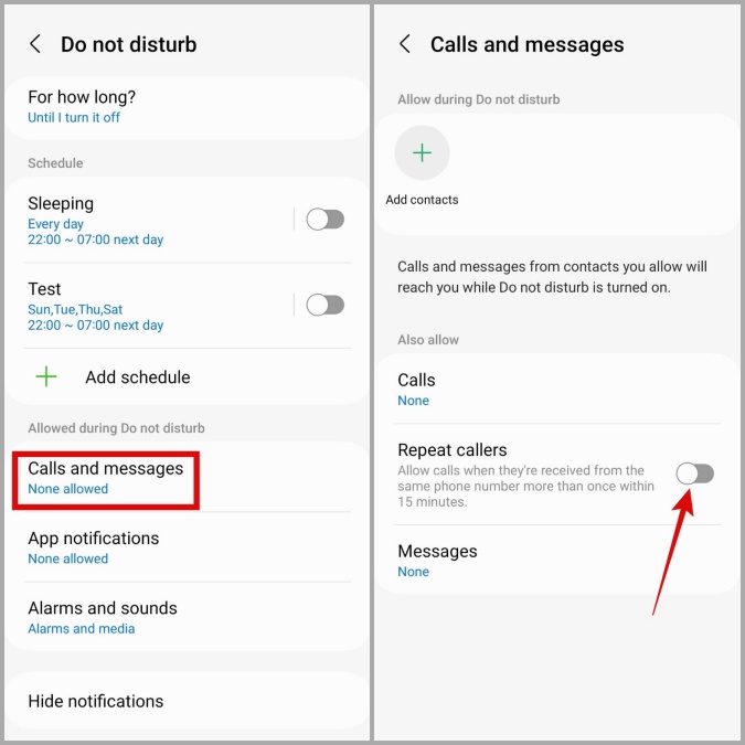 Deshabilitar llamadas repetidas durante DND en Android