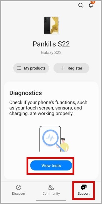 Pestaña de soporte en la aplicación para miembros de Samsung