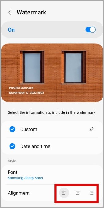Cambiar la alineación de la marca de agua en la aplicación de la cámara Samsung