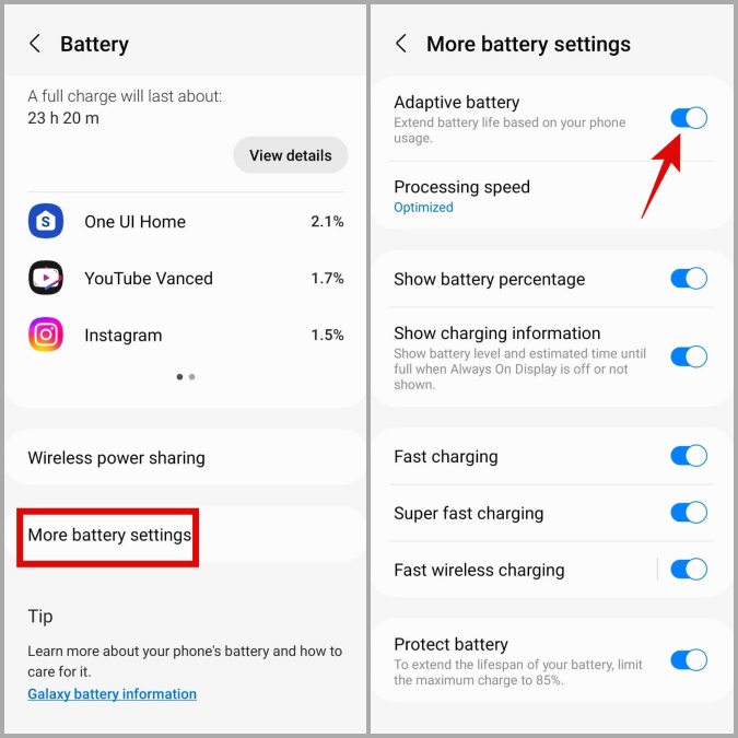 Deshabilitar la batería adaptable en el teléfono Samsung