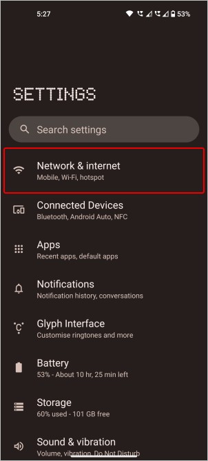 opción de red e internet en teléfonos android