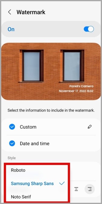 Fuentes de marca de agua en la aplicación Samsung Camera
