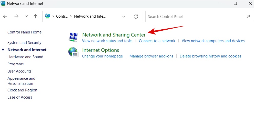 network and sharing center in windows control panel