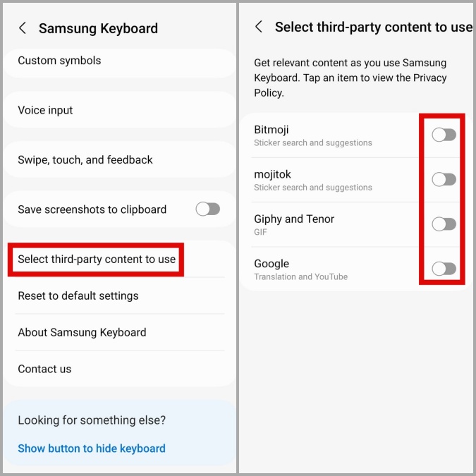 Deshabilitar el contenido de terceros en el teclado Samsung