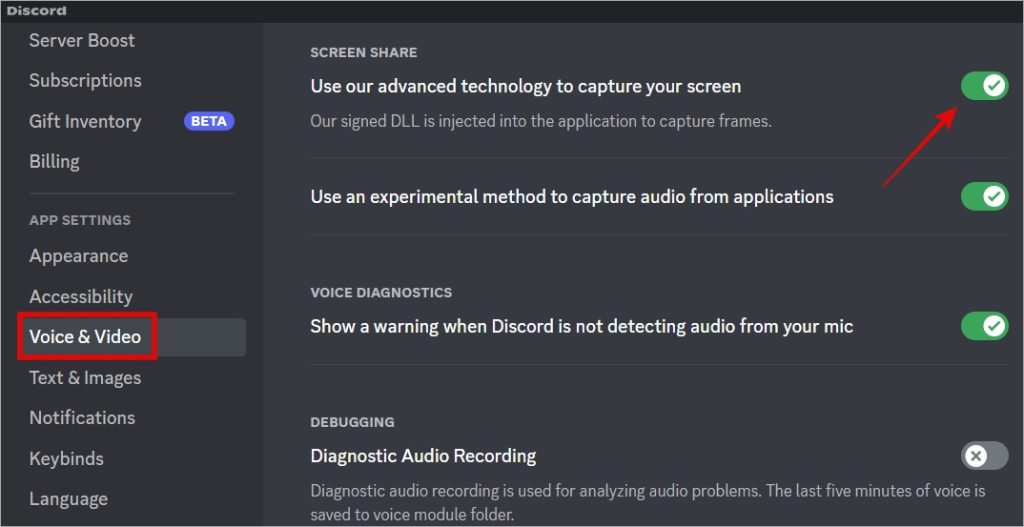 disable advanced technology to capture screen option in discord
