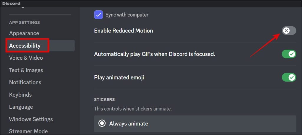 enable reduced motion on discord desktop app