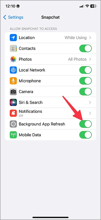 habilitar la actualización de la aplicación en segundo plano para Snapchat en iPhone