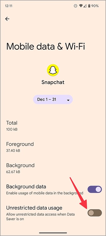 uso de datos sin restricciones para Snapchat en Android