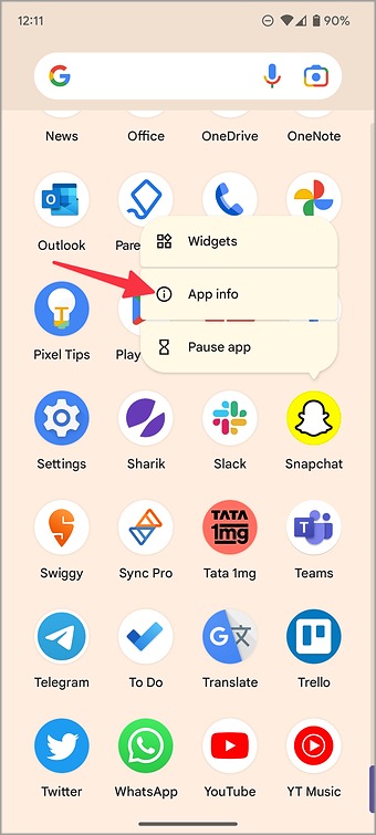 Menu d'informations sur l'application Snapchat sur Android