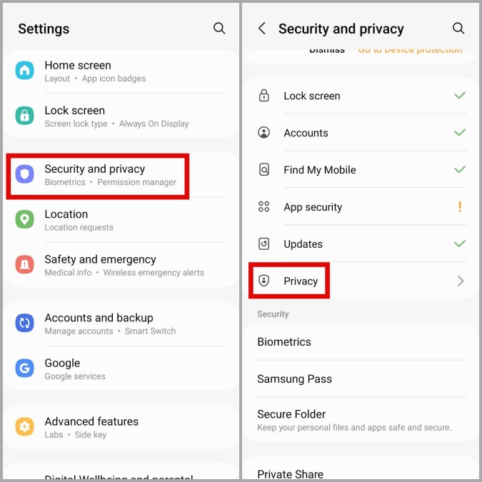 Configuración de privacidad en el teléfono Samsung
