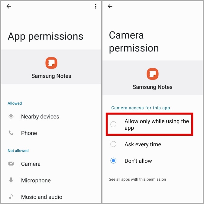 Permitir permisos de la aplicación Samsung Notes en el teléfono Galaxy