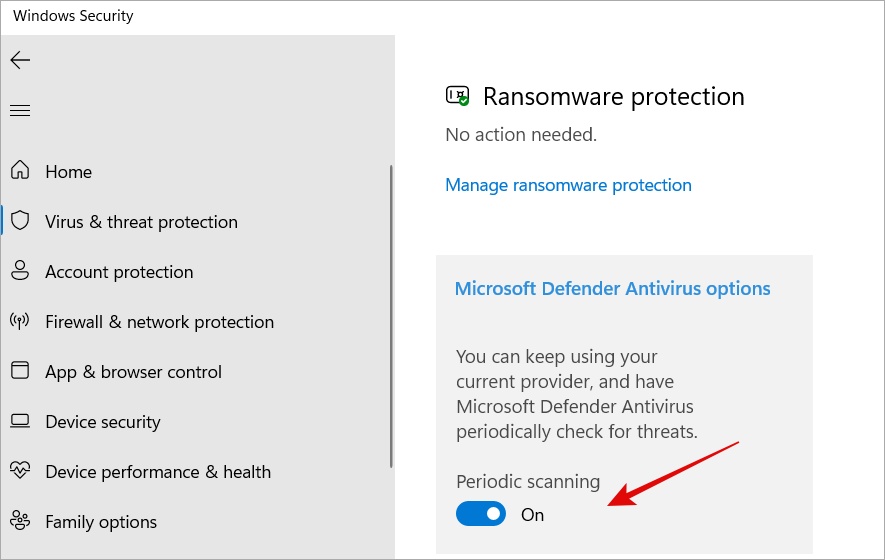เปิดใช้งานการสแกนผู้พิทักษ์เป็นระยะใน Windows Security