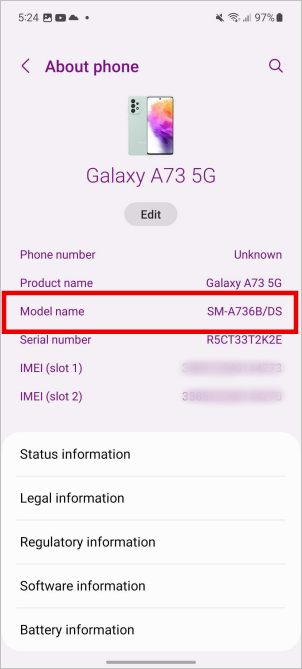Nombre del modelo en la configuración de Android