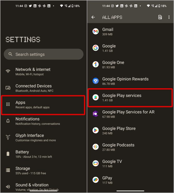 Servicios de Google Play en la configuración de Android