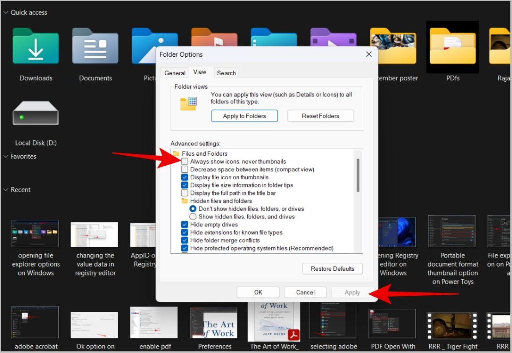 Turning off Always show icons never thumbnails option on File Explorer