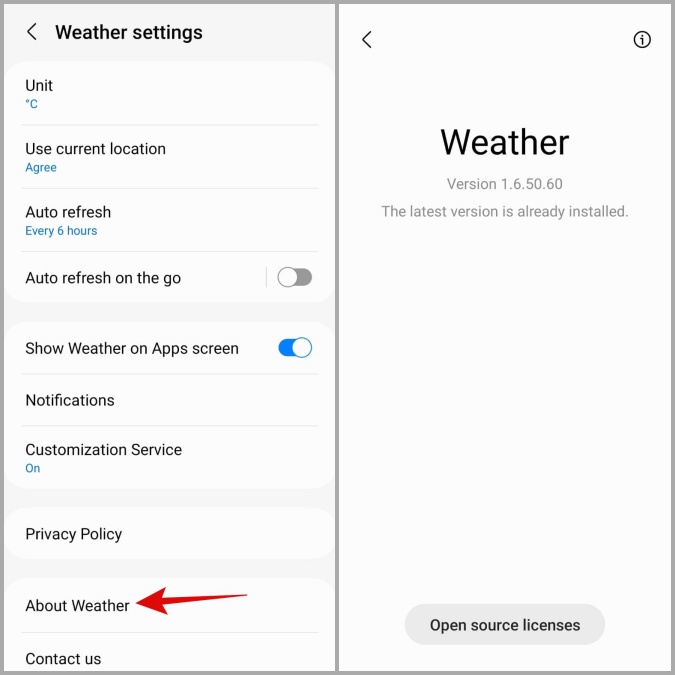Buscar actualizaciones de la aplicación Samsung Weather