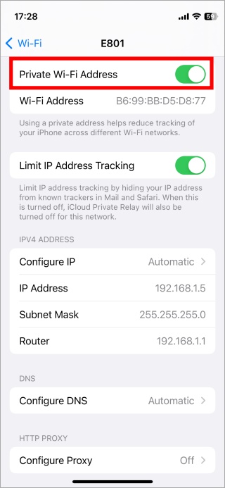 disable MAC or private wi-fi address on iphone
