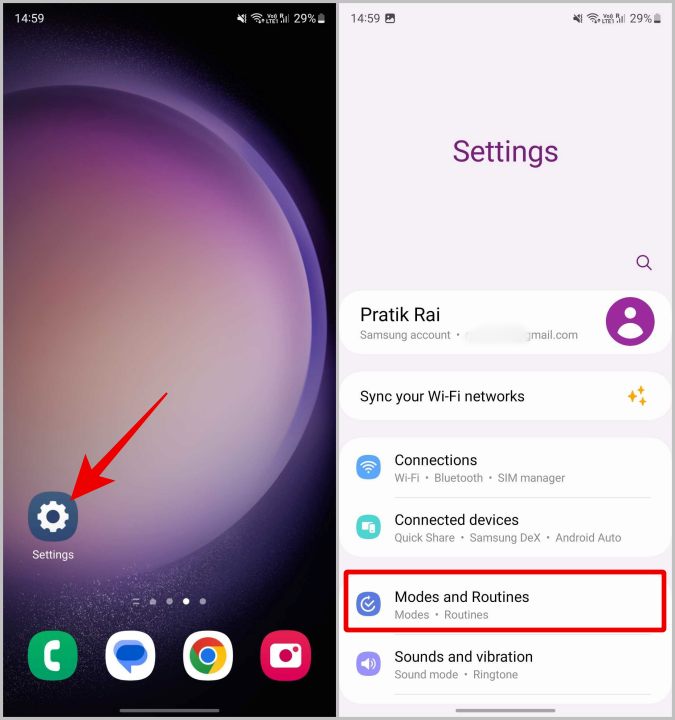 Opción de modos y rutinas en Samsung