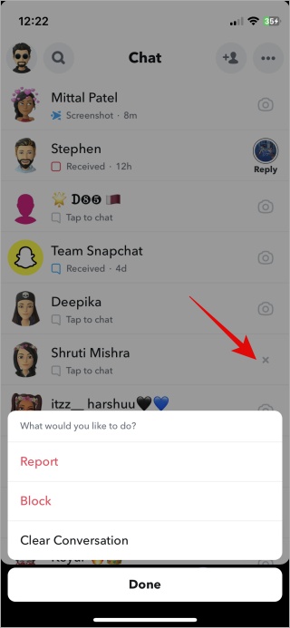 x icon next to name in snapchat chat tab