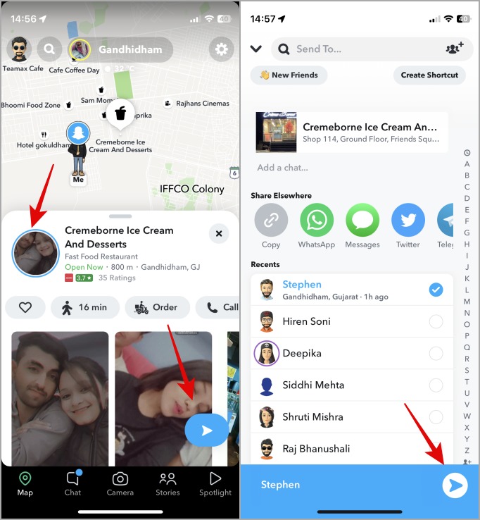 snapchat blue arrow and profile pic with circle icon