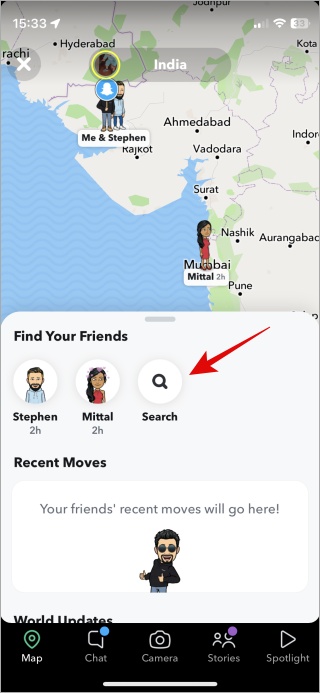 magnifying glass icon in Friends section on snapchat