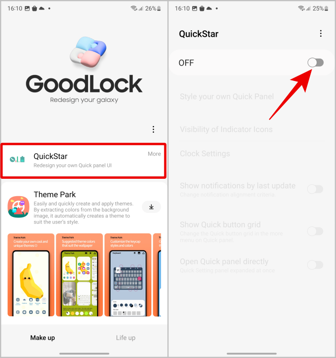 habilite el módulo quickstar en la aplicación goodlock en samsung