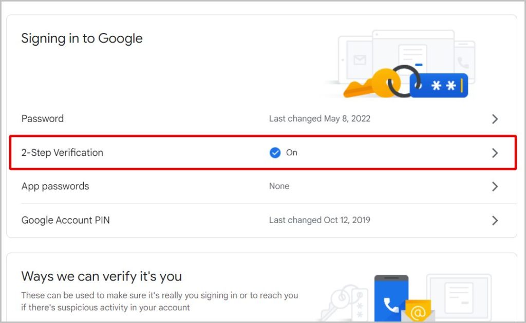 2 Step verification on Google Settings