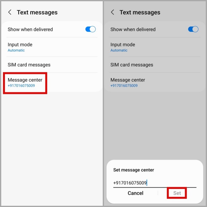 Cambiar el número del centro de mensajes en el teléfono Samsung