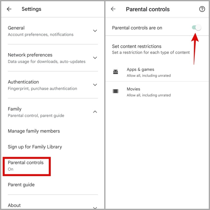Deshabilitar los controles parentales en Play Store para Android