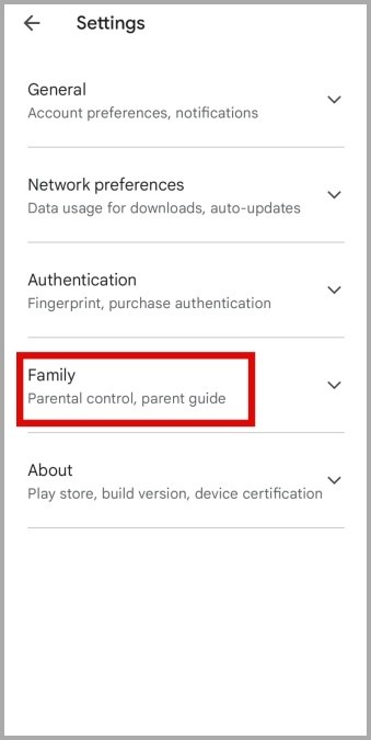 Expanda la configuración familiar en Play Store para Android