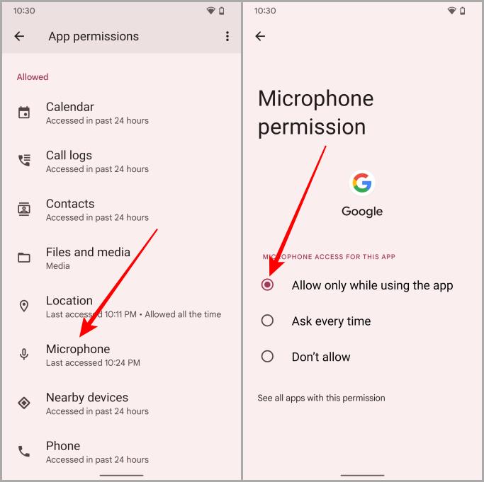 Permisos de micrófono de la aplicación de Google en Android