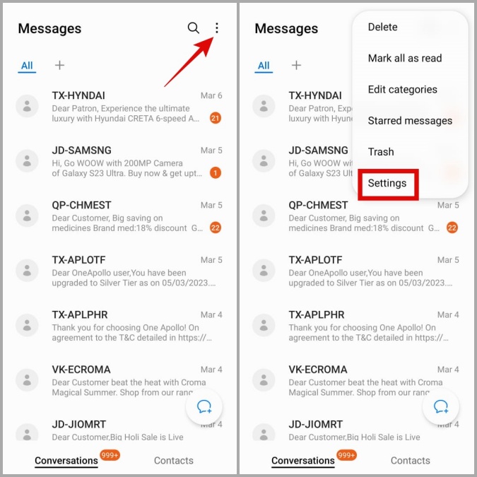 Abra la configuración en la aplicación de mensajes para el teléfono Samsung