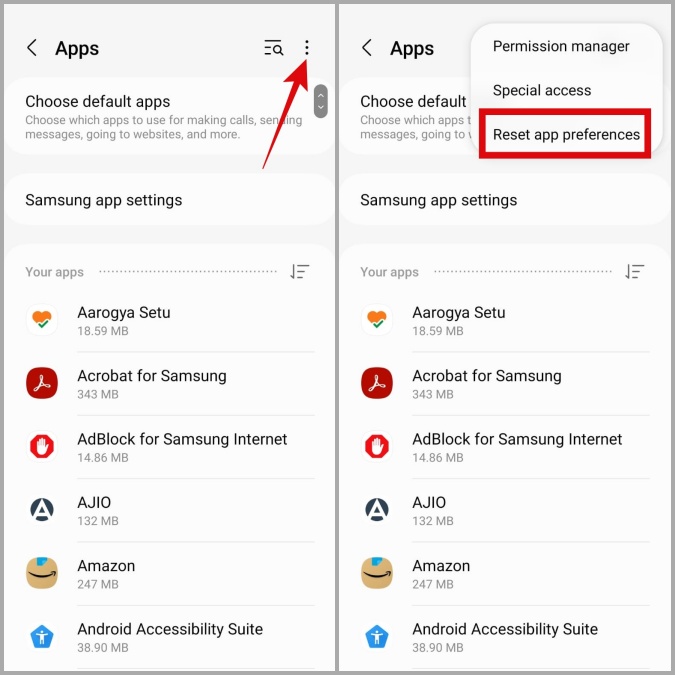 Restablecer preferencias de aplicaciones en el teléfono Samsung Galaxy
