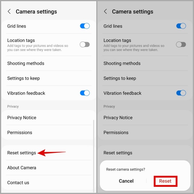 Restablecer la configuración de la aplicación de la cámara Samsung en el teléfono Galaxy